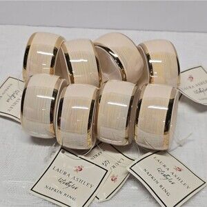 Laura Ashley Napkin Rings Holder Set Of 8 Cream Iridescent Ceramic Gold Trim NWT